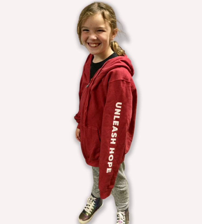 Red-Unleash-hope-zipped-hoodie-front